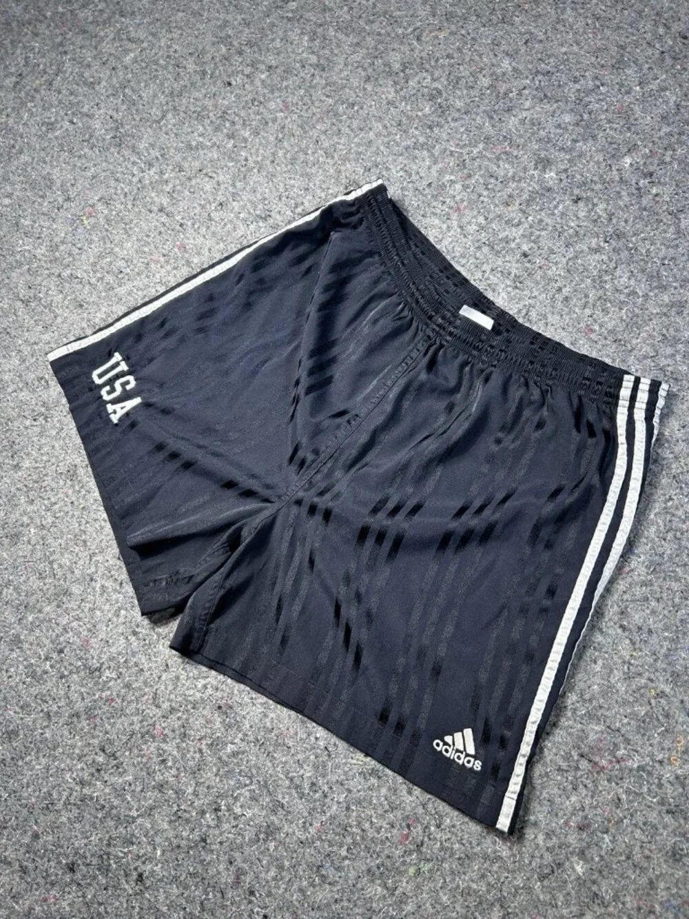 Adidas USA Vintage Soccer Shorts Sz L Black 3-Stripe Jacquard Striped Football